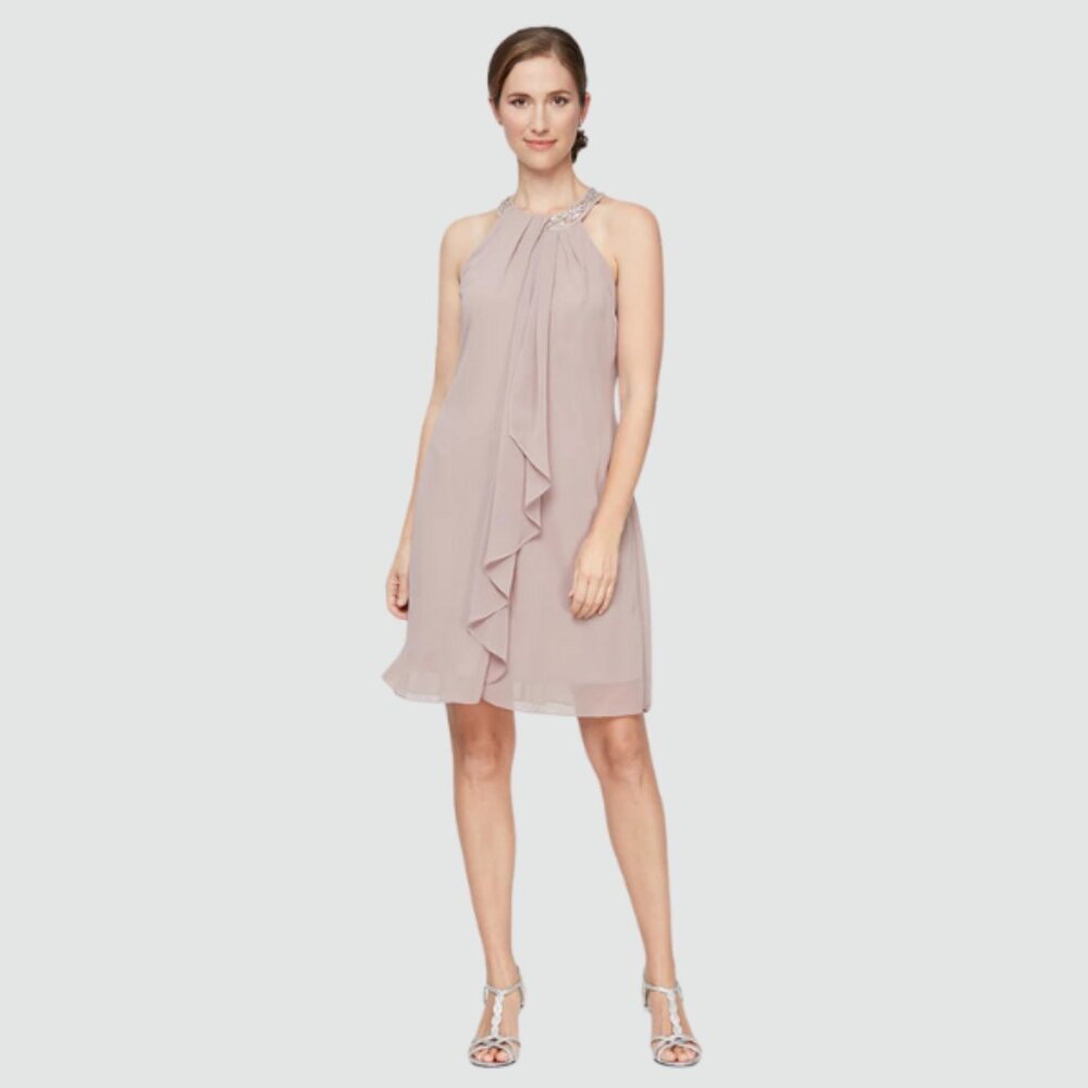 SL FASHION Beaded Neckline Chiffon Dress with Cascade Ruffle Detail | Size 6P‎